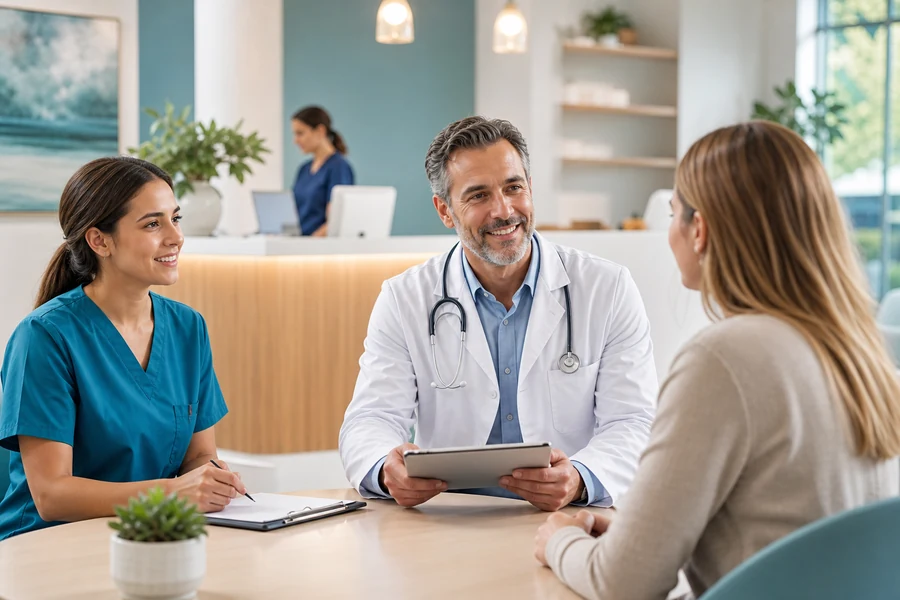 Physician and medical assistant welcoming a patient in a modern clinic