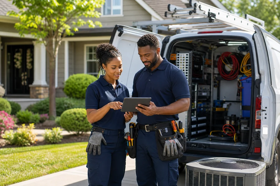 Home services contractors reviewing a job beside their service vehicle
