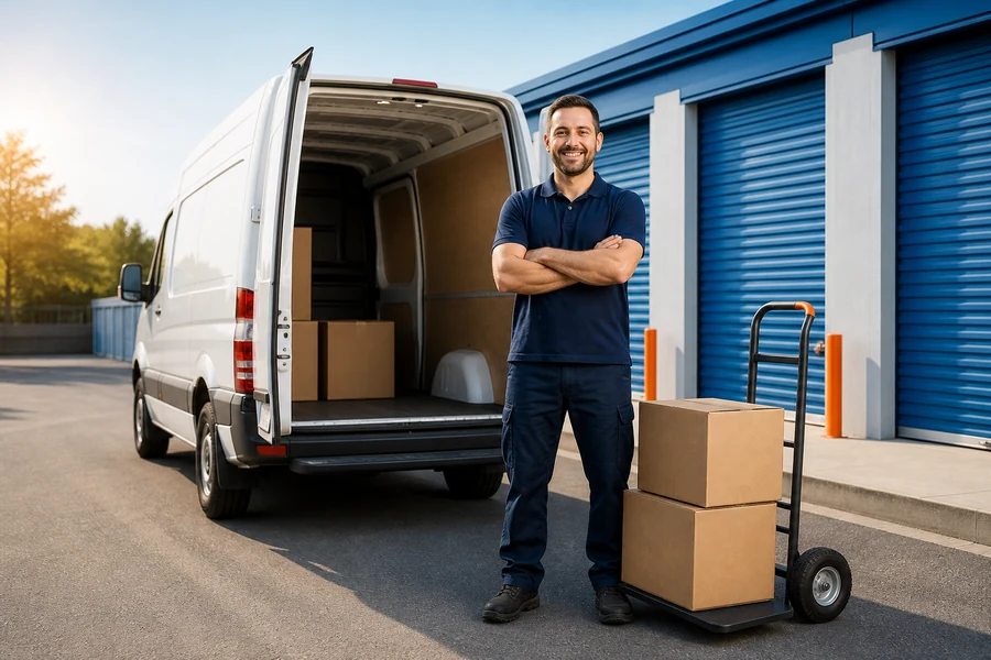 Independent self-storage and moving operator beside a moving van and storage units